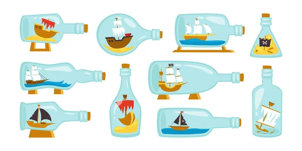 船舶在透明玻璃瓶内放置微型装置 将创意航海纪念品放在白色背景上 装饰手工造船模型 航海家业余爱好 — 图库矢量图片