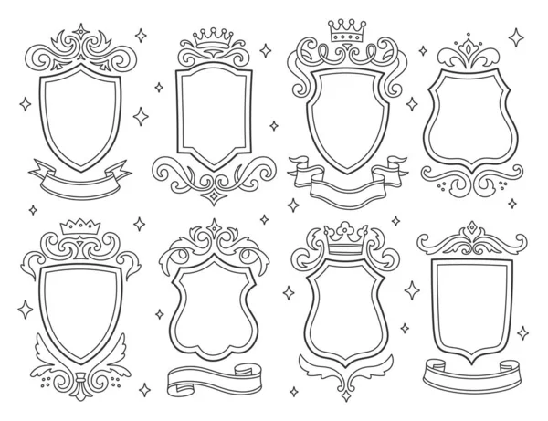 Farklı kraliyet kalkanı rozeti, klasik dekoratif çerçeve, dekoratif lüks filigran dizayn seti. Arma arması monokrom stili illüstrasyon için eski çağ çizgisi amblemi
