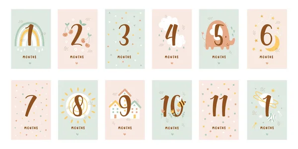 stock vector Monthly milestone cards set with number and cute childish pastel color simple design decoration for baby shower, childbirth event and birthday party celebration invitation vector illustration