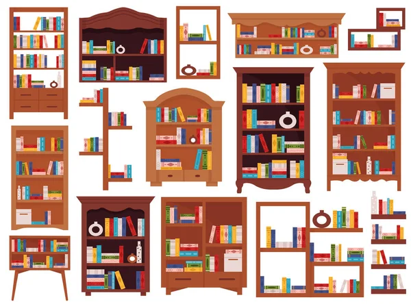 Wooden Bookcases Cabinets Shelves Furniture Literature Books Collection Other Items — Stock Vector