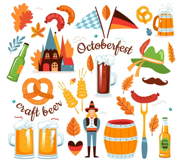 Oktoberfest Symbolkollektion Mit Traditionellem Imbiss Kostümen Und Getränken Mittelalterliche Burg — Stockvektor
