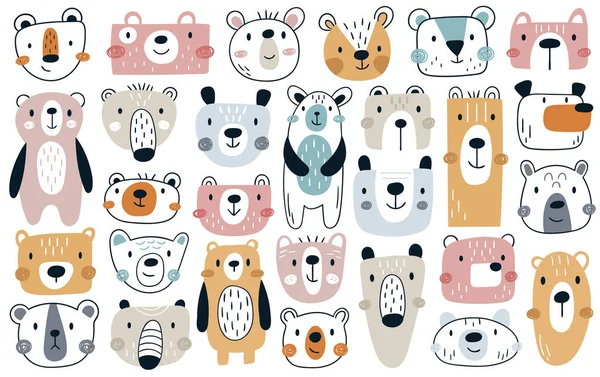 Ursos Engraçados Infantis Floresta Selvagem Animal Doodle Mão Desenhada Personagens —  Vetores de Stock