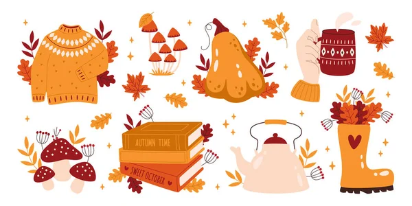 Gezellige Herfst Compositie Set Met Dankzegging Pompoen Warme Trui Warme — Stockvector