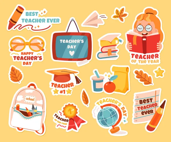 Happy Teacher Day Sticker Badge Set Cute Greeting Calligraphy Lettering — Stock Vector