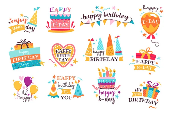 Happy Birthday Party Celebration Logo Badge Gift Box Present Balloon — Stock Vector