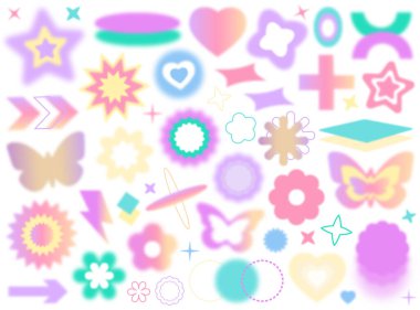 Moda y2k tarzında soyut geometrik holografik şekilli bulanık gradyan çıkartma büyük set. Psikedelik element, sembol ve işaret, kelebek, çiçek, kalp, yıldız, ok tasarım vektörü çizimi