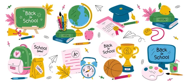 Back School Start Education Sticker Badge Set Different Studying Supplies — Stock Vector