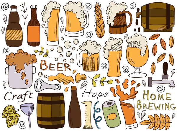 Ποτό Μπύρας Μπουκάλι Ξύλινο Βαρέλι Δεξαμενή Κούπα Και Ποτήρι Συστατικά — Διανυσματικό Αρχείο
