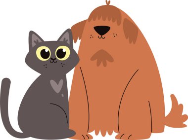 Kedi ve Köpek Dostluğu Vektör İllüstrasyonu