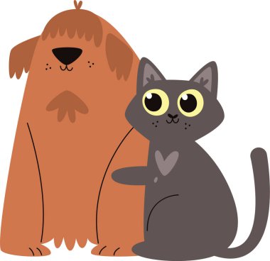 Kedi ve Köpek Dostluğu Vektör İllüstrasyonu