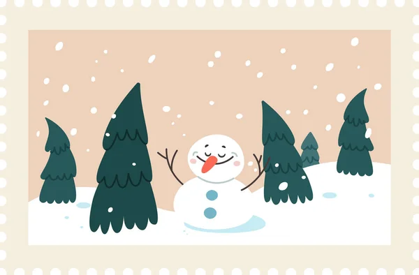 Selo Natal Com Snowman Vector Ilustração — Vetor de Stock