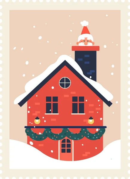 Casa Invierno Navidad Sello Vector Ilustración — Vector de stock