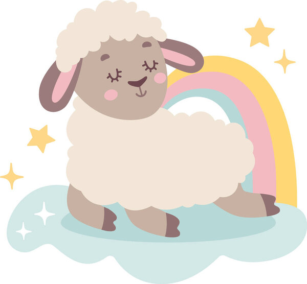 Sheep Sleeping Under Rainbow Vector Illustration