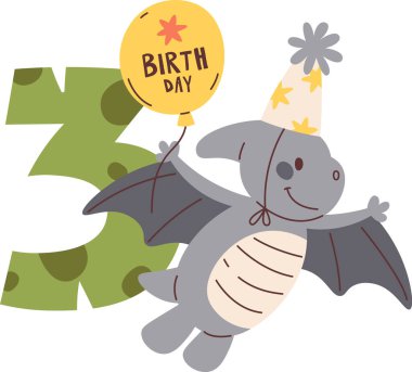 3. Doğum günü Çocuğu Dinozor Vektör İllüstrasyonu