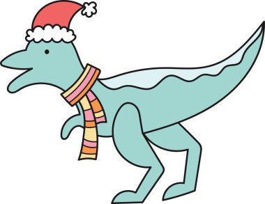 Şapka ve Atkı Vektörü İllüstrasyonlu Noel Dinozoru