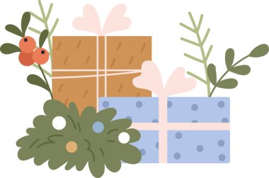 Hediye Vektörü İllüstrasyonuyla Noel Çiçeği Dekorasyonu