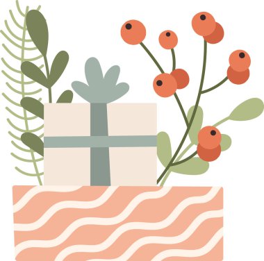 Hediye Vektörü İllüstrasyonuyla Noel Çiçeği Dekorasyonu