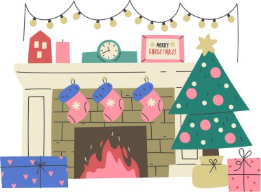 Noel Evi Şömine Vektörü İllüstrasyonu