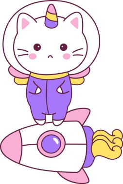 Kedi Tekboynuz Astronot Vektör İllüstrasyonu