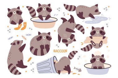 Sevimli komik rakun kawaii karakterleri yiyorlar, fazla yiyorlar, oynuyorlar, bağırıyorlar, uyuyorlar, dinleniyorlar. Tembel, yavaş, tembel, mutlu orman hayvanı farklı pozlarda, çeşitli şeyler yapıyor.