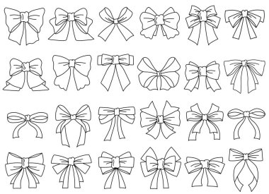 Kutlama hediyeleri, tebrik kartları ve saç süsleme vektörü çizimleri için kurdeleli el yapımı tatil yayları koleksiyonu. Parti kutlama ögesi izole edildi