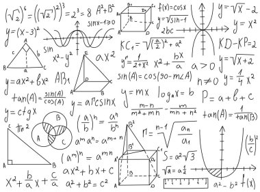 Matematik sembolleri, denklemler, formüller ve grafikler el yazısıyla çizilmiş vektör çizimleri. İzole matematik bilimi, cebir, trigonometri ve geometri çizimleri, teoremlerin kanıtı.