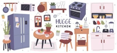 Hygge mutfak mobilyaları, ev dekorasyonu, duvar resmi, saksı ve konforlu daire tasarımı için aksesuarlar. Şık İskandinav ögesi ve ev aletleri izole edildi