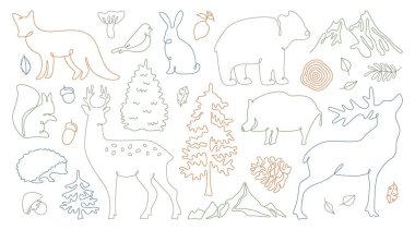 Beyaz arka planda izole edilmiş, sürekli tek çizgi halinde orman hayvanlarının karakter vektör illüstrasyonu. Tilki, tavşan, ayı, geyik, geyik, yaban domuzu, sincap, kuş, kirpi ve orman doğa elementi.