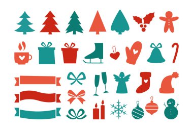 Basit Mutlu Noeller ve mutlu yeni yıl tasarım elementleri geometrik minimalist stilde izole edildi. Farklı dekorasyon, xmas ağacı, hediye kutusu ve kış tatilinin sembolleri.