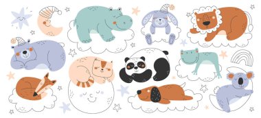 Yumuşak bulutların üzerinde uyuyan çocuksu sevimli bebek hayvanlar, ay hilal ve güneş batımı vektör çizimleri. Komik koala, panda, boz ayı, vahşi tilki, tavşan ya da tavşan, evcil hayvan köpek ve kedi, hippi, kurbağa