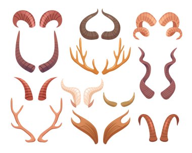Vahşi orman hayvanlarının boynuzları, geyik, geyik, geyik, geyik, inek, geyik, keçi, boğa, bufalo ya da antilop boynuzları. Yaratıcı zarif av kupası, dekoratif vektör illüstrasyonu