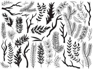 Farklı ağaçların siluetleri ağaç dalları, dallar ve ağaç gövdeleri vektör illüstrasyonunu oluşturur. Kış ormanlarının yeşermişleri ve yaprak döken ağaçların koleksiyonu.