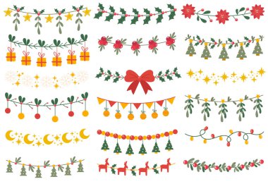 Merry Christmas and Happy New Year winter holidays decorations and garlands vector illustration. Creative Xmas ornaments, traditional seasonal decor, festive tinsel repeating border isolated set clipart