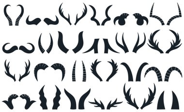 Vahşi hayvanlar kıvrılmış ya da beyaz arka planda izole edilmiş boynuzlu siluet avlama kupası. Boynuzlu orman hayvanlarının vücut parçası dekorasyon vektörü çizimi için tasarım elementi