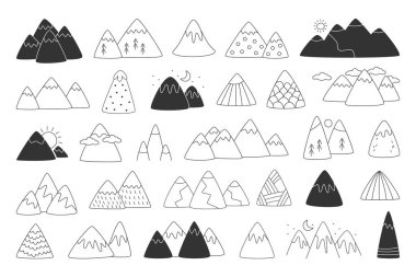 Monokrom dağlarının tepe aralığı, kaya ve yamaç çizimi karalama çizimi izole edilmiş vektör çizimi. Siyah-beyaz dağ vadisi manzaraları, doğal dağlık arazi grafik tasarım elementi