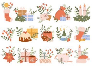 Geleneksel şifalı bitkilerle Noel bayramı romantik hediye kompozisyonu. Çorap, fırında ekmek, mum, kahve veya çay, mektup zarfları, hediye kutusu, kristal top ve şenlikli çiçek elementleri.