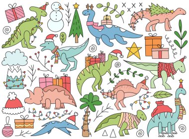Mutlu Noeller ve mutlu 2024 Yeni Yıl dinozorları komik hayvan ve karalama bayramı şeyleri vektör çizimi. Şirin Jurasik yaratık Çin takvimi karakterleri Noel Baba gibi hediyeler getiriyor.