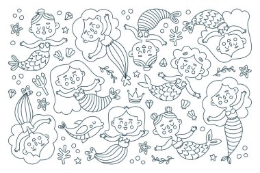 Güzel karikatür küçük deniz kızı boyama kitabı karakterleri izole edilmiş vektör çizimleri. Özetlenmiş fantezi sualtı perisi prenses, deniz yosunları arasında yüzen sihirli deniz sirenleri.