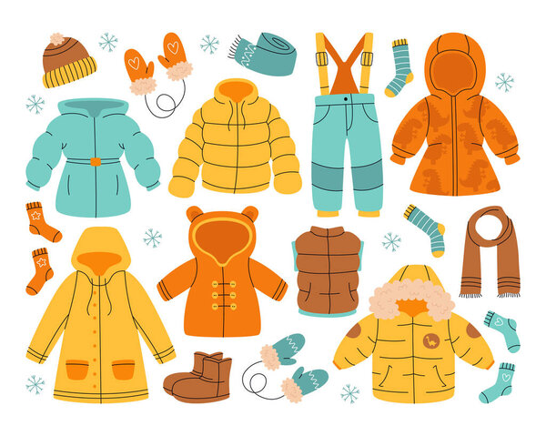 Winter warm kid outwear, coat, jacket, vest, scarf and hat clothes for walking outdoors isolated set vector illustration. Stylish collection of trendy children outfit, clothing and accessories