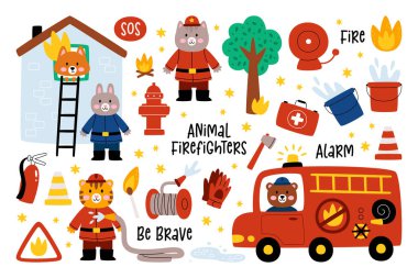 Sevimli itfaiyeciler izole edilmiş, komik yazıt alarmı, yangın alarmı, cesur olun ve kurtarma ekipmanları kamyonu, hortum, yangın musluğu, ilk yardım seti, kova, koni, yanan tilki evi vektör çizimi