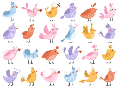 Sevimli kuşlar aşk şarkısı söylüyorlar. Güzel kümes hayvanları tüylü hayvan karakterlerinin romantik koleksiyonu. İzole edilmiş vektör çizimleri. Basit kuş karalaması çizgi film ötücü kuş maskotu Boho stilinde