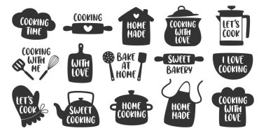 Ev yapımı, ev yapımı, tatlı fırın, aşk mutfak logosu simgeleri, siyah-beyaz set. Utensiller, yemek kepi, ev, ot, apron, spatula, kepçe, ahşap rulo, çırpma etiketleri ve metin vektör ilülasyonu