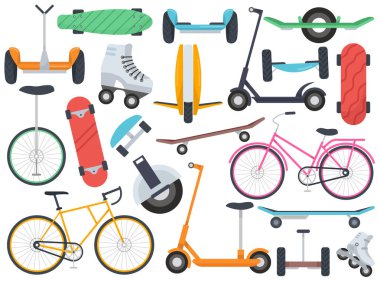 Şehir için alternatif eko taşımacılığı, çevre dostu elektrikli araç ve eğlence ekipmanları vektör illüstrasyonunu ayarladı. Scooter, bisiklet, uçan kaykay, tek tekerlekli bisiklet, patenler, kaykay, uzun tahta