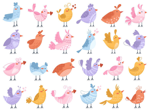 Cute birds singing love song romantic collection of beautiful poultry feathered animal characters isolated set vector illustration. Simple birdie doodle cartoon songbird mascot in boho style