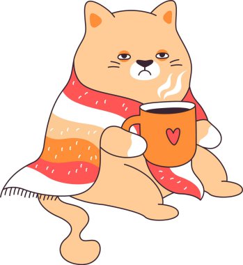 Kahve ve Battaniye Vektörü Resimli Kedi