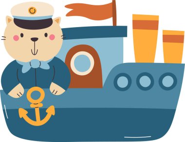 Kedi Kaptanı Vektör İllüstrasyonlu Gemi