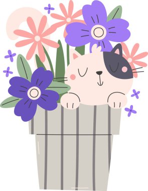 Saksıdaki Kedi Çiçek Vektörü İllüstrasyonu