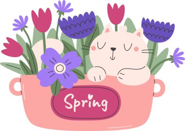 Saksıdaki Kedi Çiçek Vektörü İllüstrasyonu