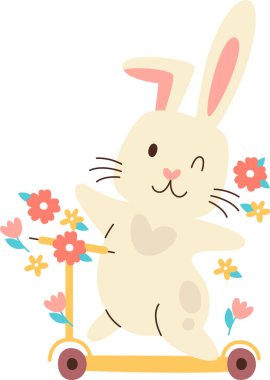 Çiçek Vektörü İllüstrasyonlu Scooter 'daki Tavşan