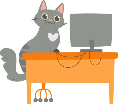 PC Vektör İllüstrasyonu Üzerinde Çalışan Kedi